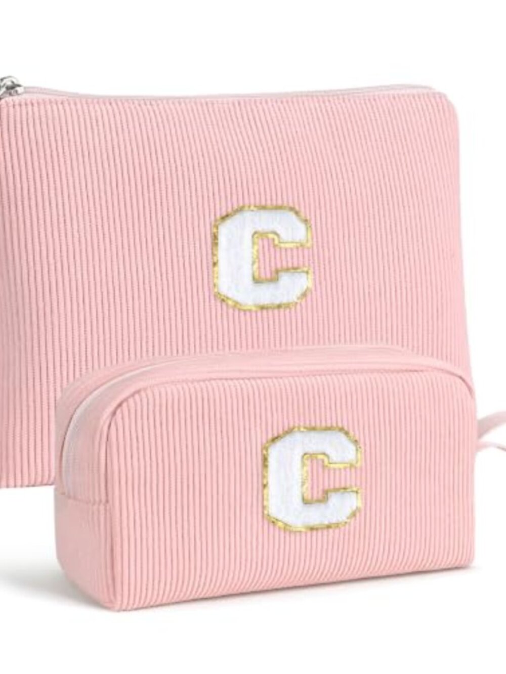 2Pc Initial Corduroy Makeup Bags Travel Cosmetic Pouch Gift Set for Women
